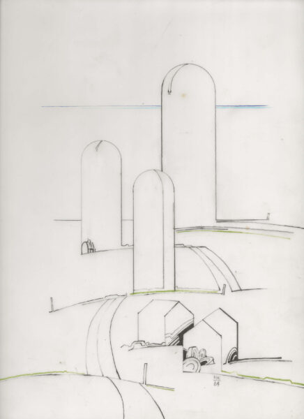 drawing, Silos in Landscape, by Harold Keller