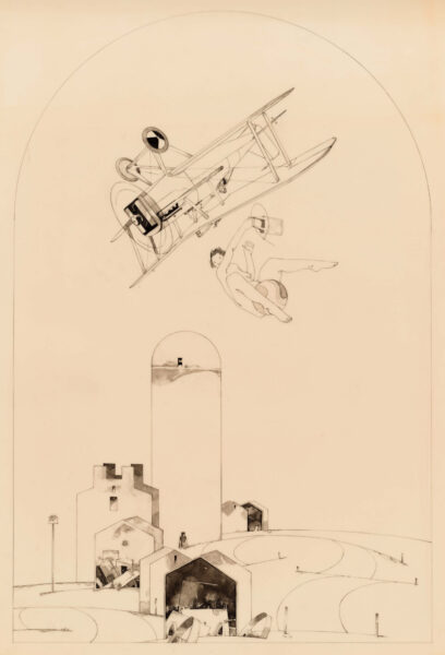 drawing, Tyche with an SE5 over the Silo, by Harold Keller
