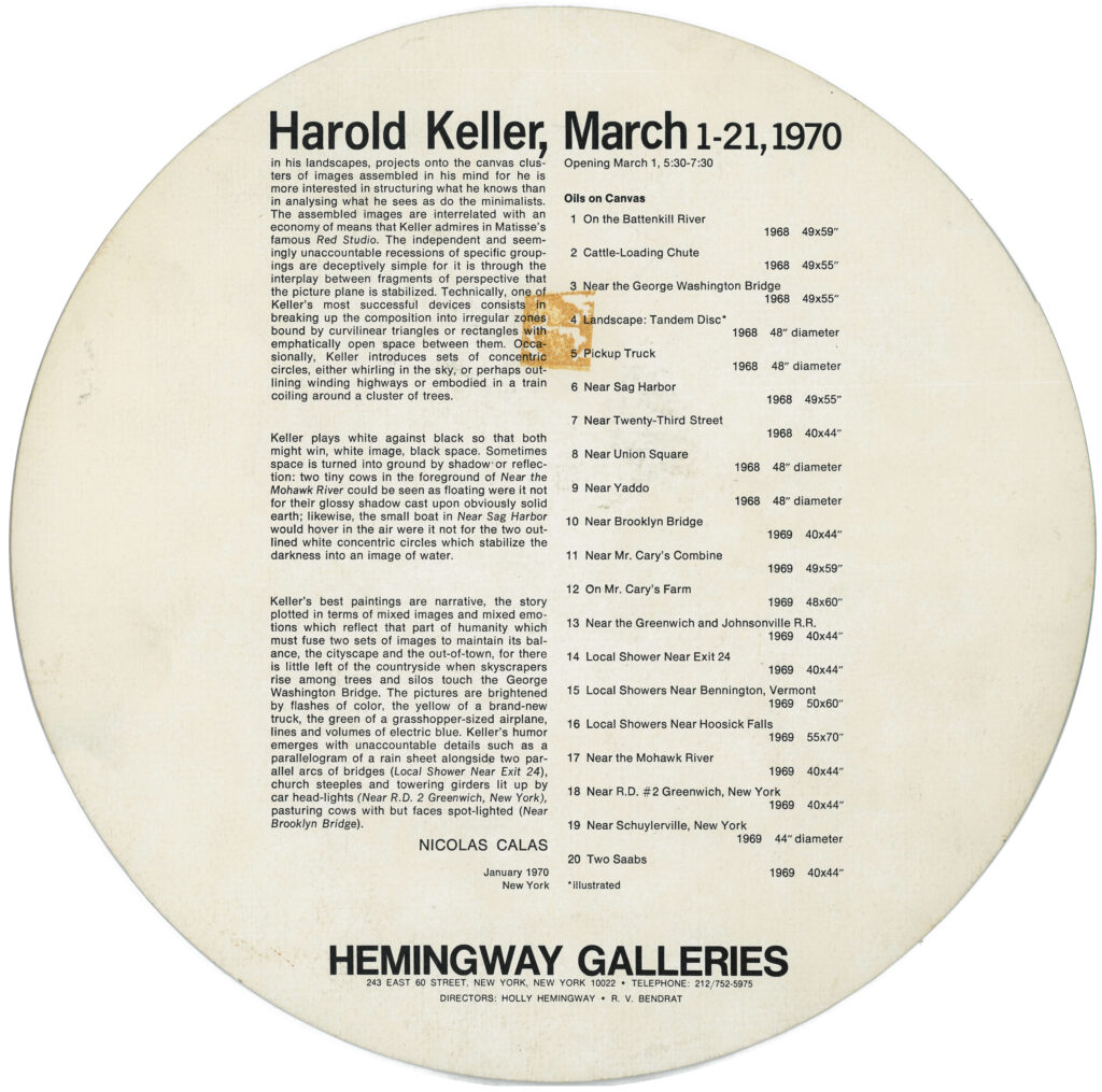 Show Announcement - Harold Keller, March 1-21, 1970 at the Hemingway Galleries, NYC (back side)