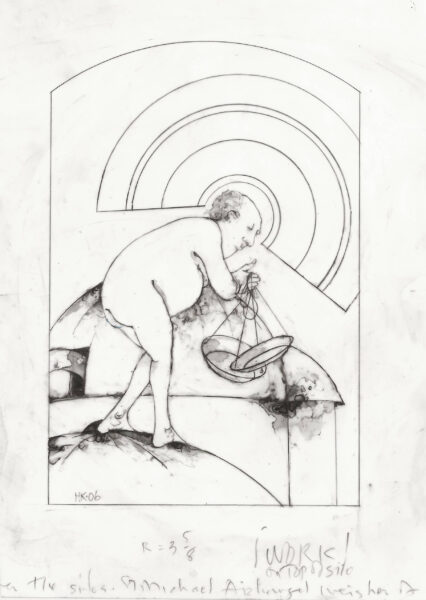 drawing, On the Silos, St. Michael Archangel Weigher of Souls, by Harold Keller