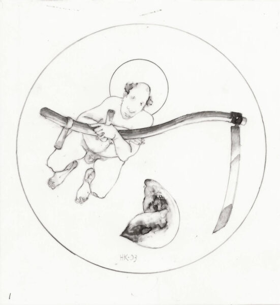 drawing, The Archangel Michael (aloft with scythe) -1, Harold Keller