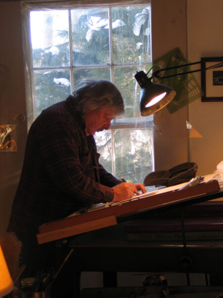 The artist at his drawing table, Benz Lane, 2010